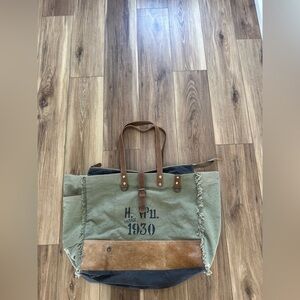 Myra Bag upcycled canvas & cowhide weekender bag